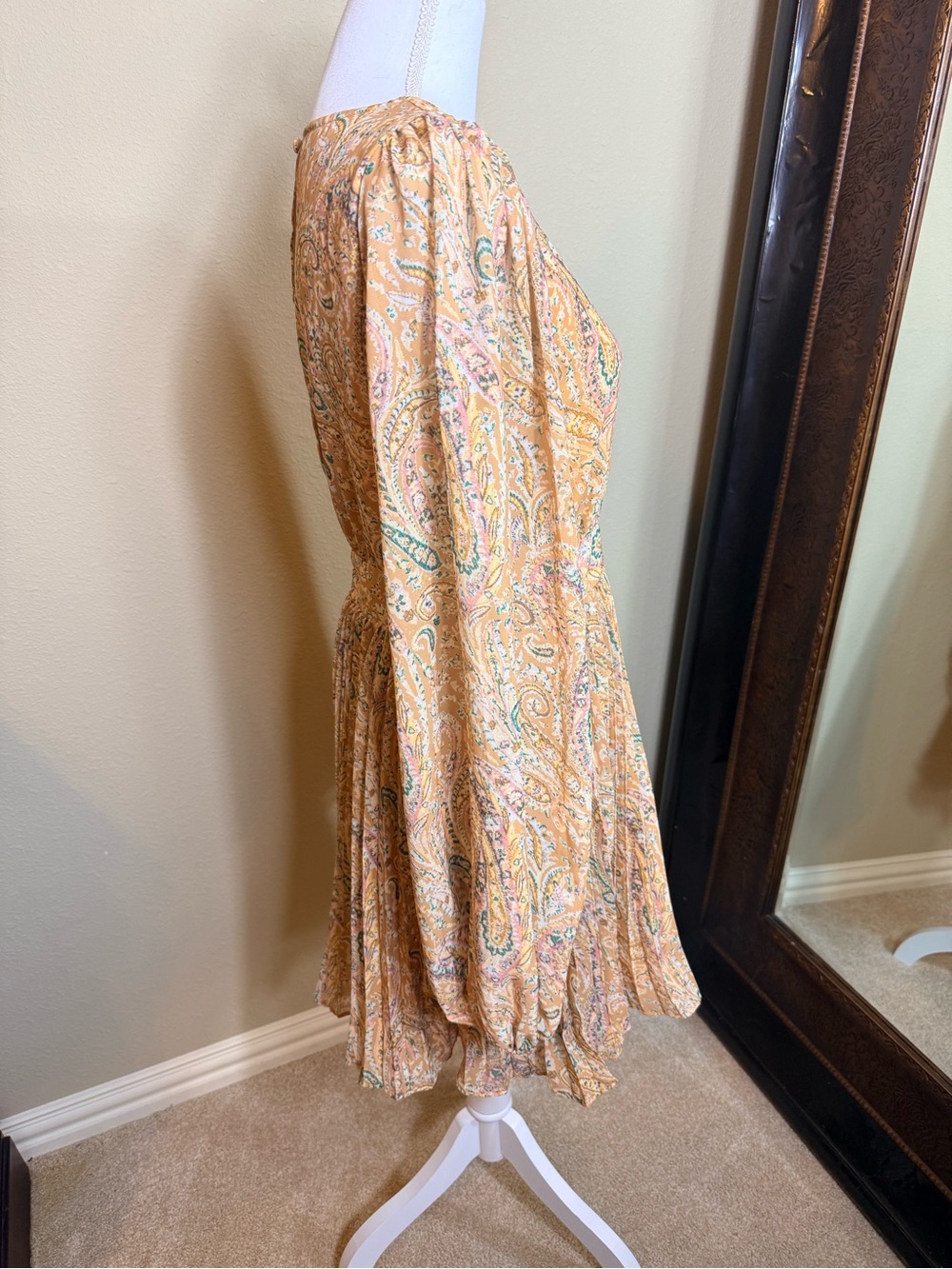 Paisley V-Neck Long Sleeve Mini Dress in Mustard - Picture 4 of 5